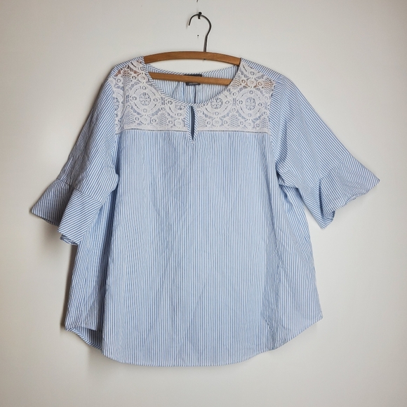 Van Heusen Blue Striped Women's Shirt with flutter sleeves with Lace.  Size XL - Picture 1 of 5